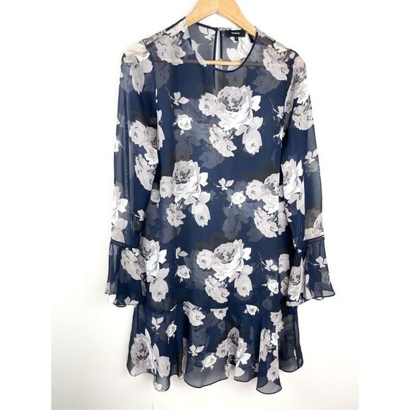 Theory Marah Floral Chiffon Dress Blue Size 6 Sheer Mini Dress - Picture 2 of 11